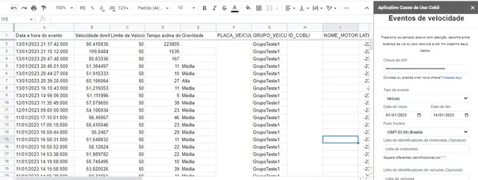 Planilha preenchida com os dados do relatório extraído