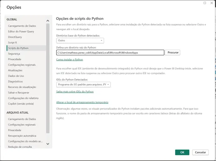 Configuração do diretório raiz do Python nas opções do Power BI
