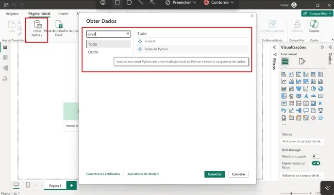 Janela Obter Dados do Power BI com a opção Script do Python