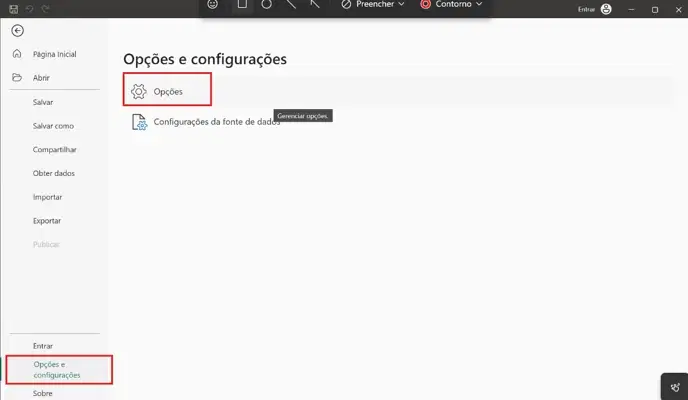 Menu Arquivo do Power BI com Opções e configurações