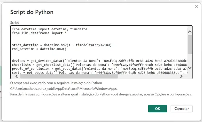 Script do Python colado na janela de importação do Power BI