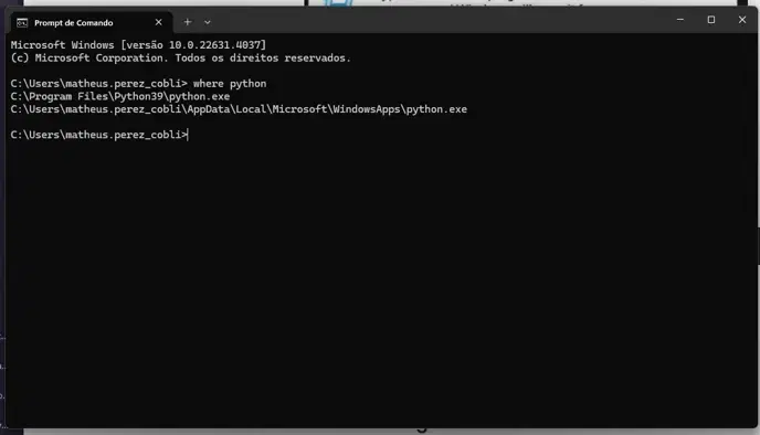 Terminal com o resultado do comando where python