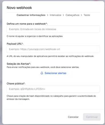 Etapa de cadastro de informações do webhook