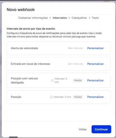Etapa de configuração de intervalos do webhook