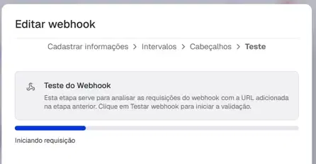 Etapa de teste do webhook com o resultado da requisição