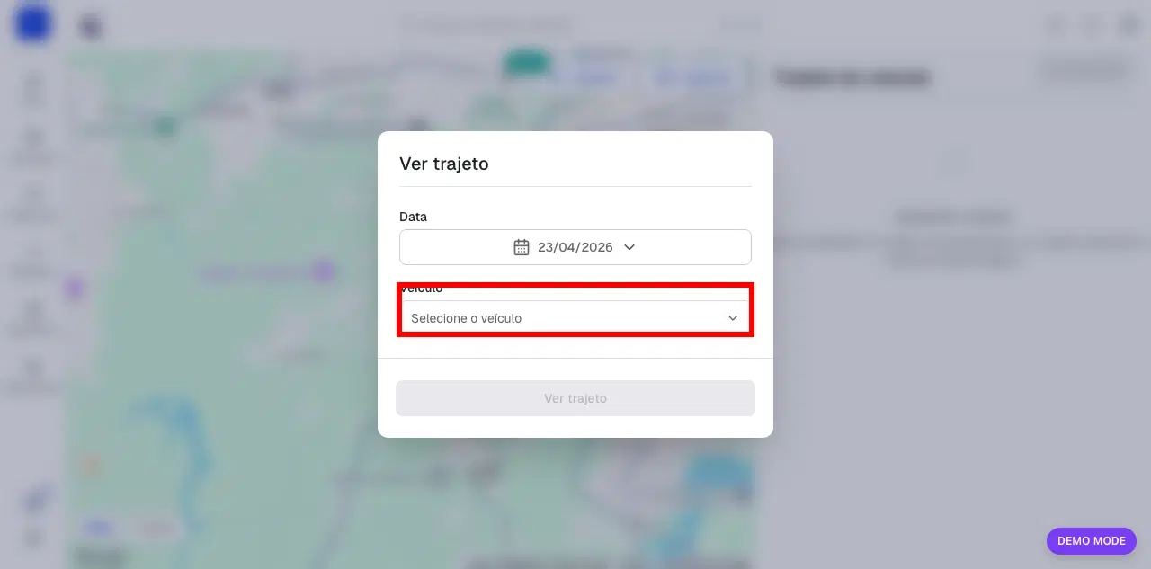Modal de visualização com destaque para o seletor de veículo usado para refinar a consulta
