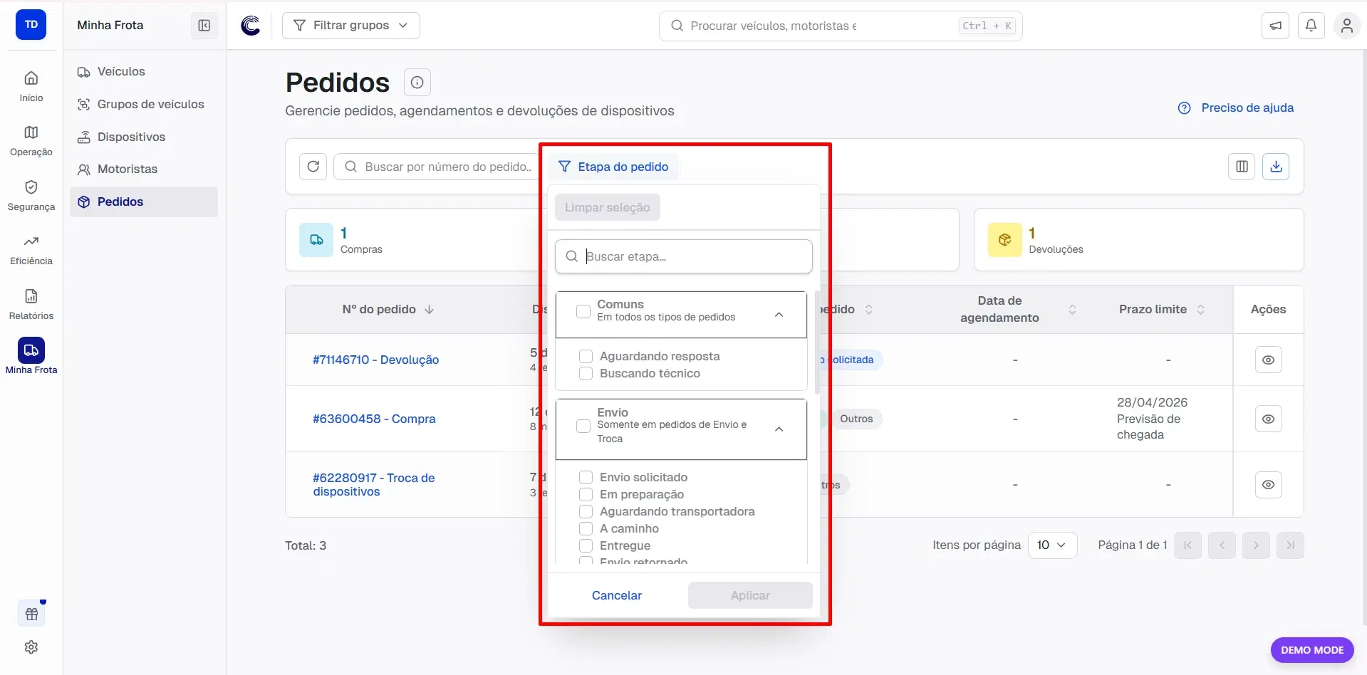 Filtro "Etapa do pedido" aberto com as opções de status disponíveis