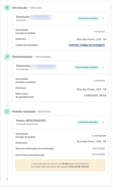 Etapa de Devolução na linha do tempo com o campo "Código de postagem" e o link "Solicitar código de postagem"