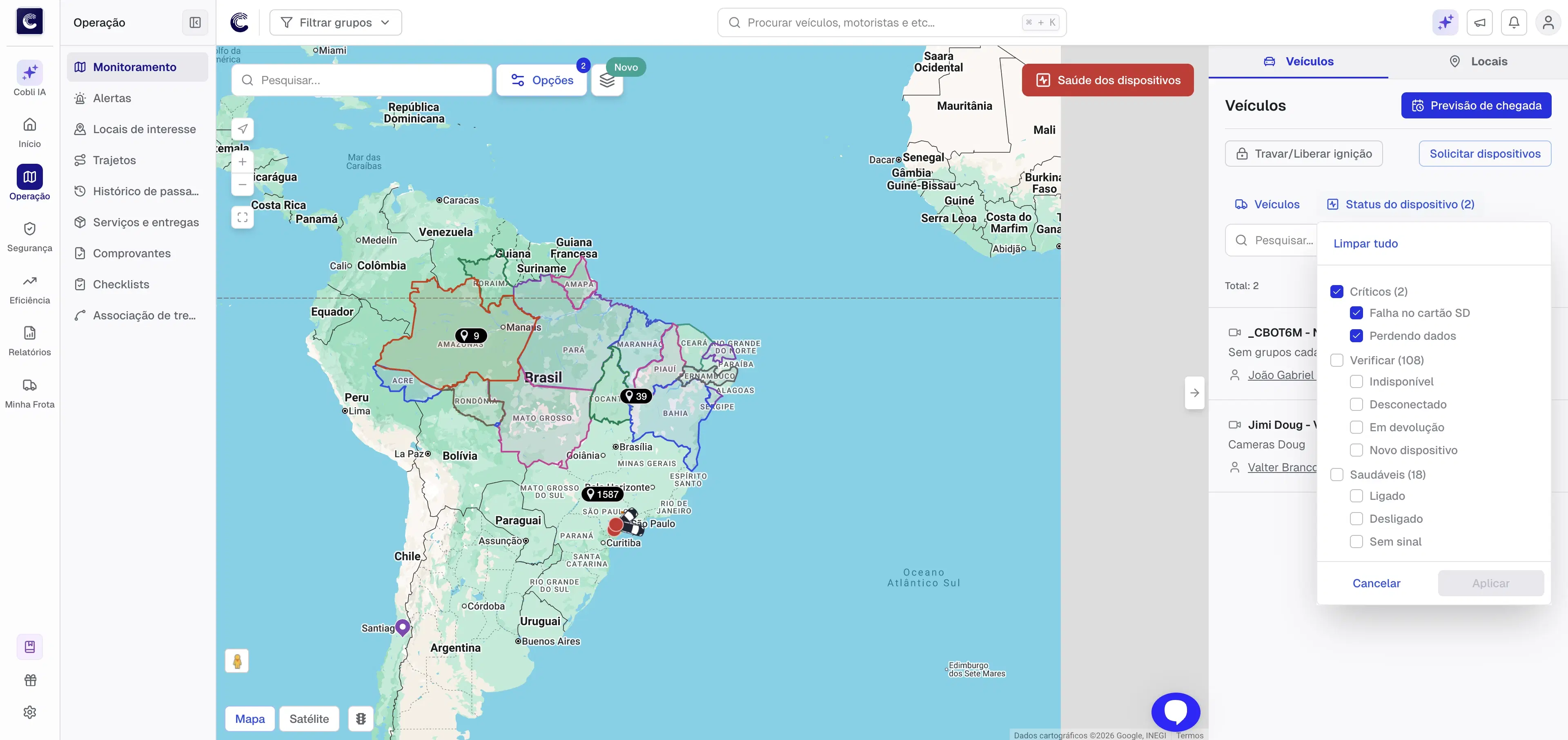 Monitoramento com filtro ativo e ação visível para limpar filtros