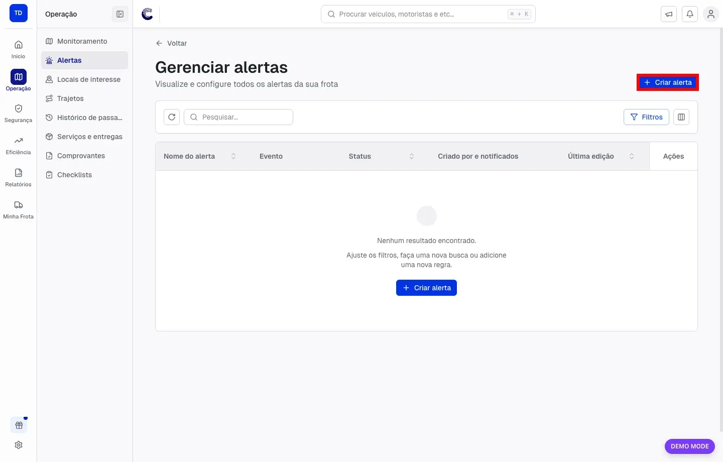 Tela de alertas com a ação para criar uma nova regra destacada