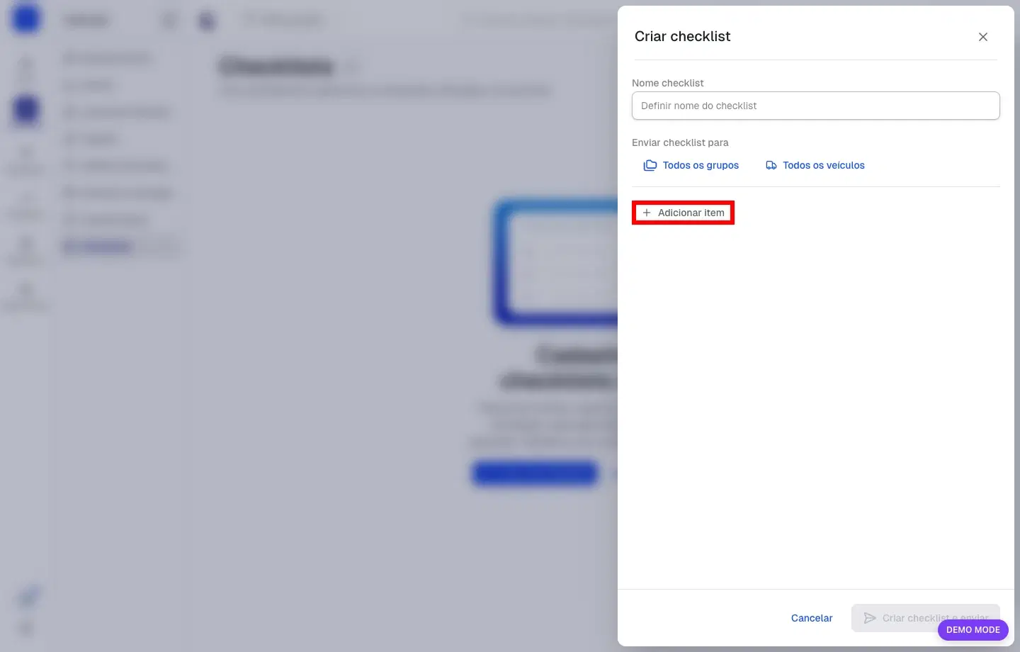 Botão para adicionar itens ao checklist destacado no modal de criação