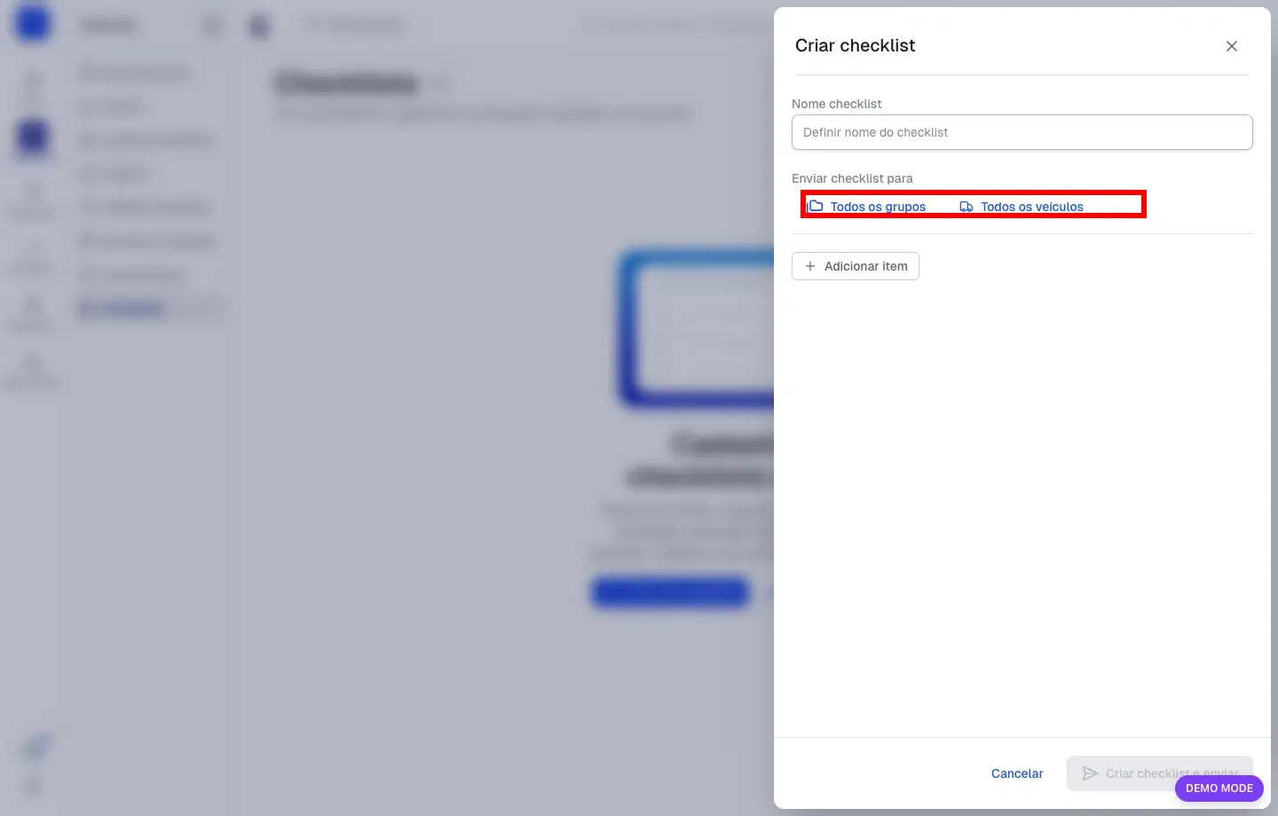 Escopo de envio do checklist destacado no modal de criação