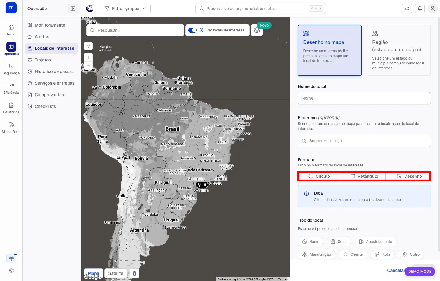 Opções de formato para desenhar o Local de Interesse destacadas na lateral