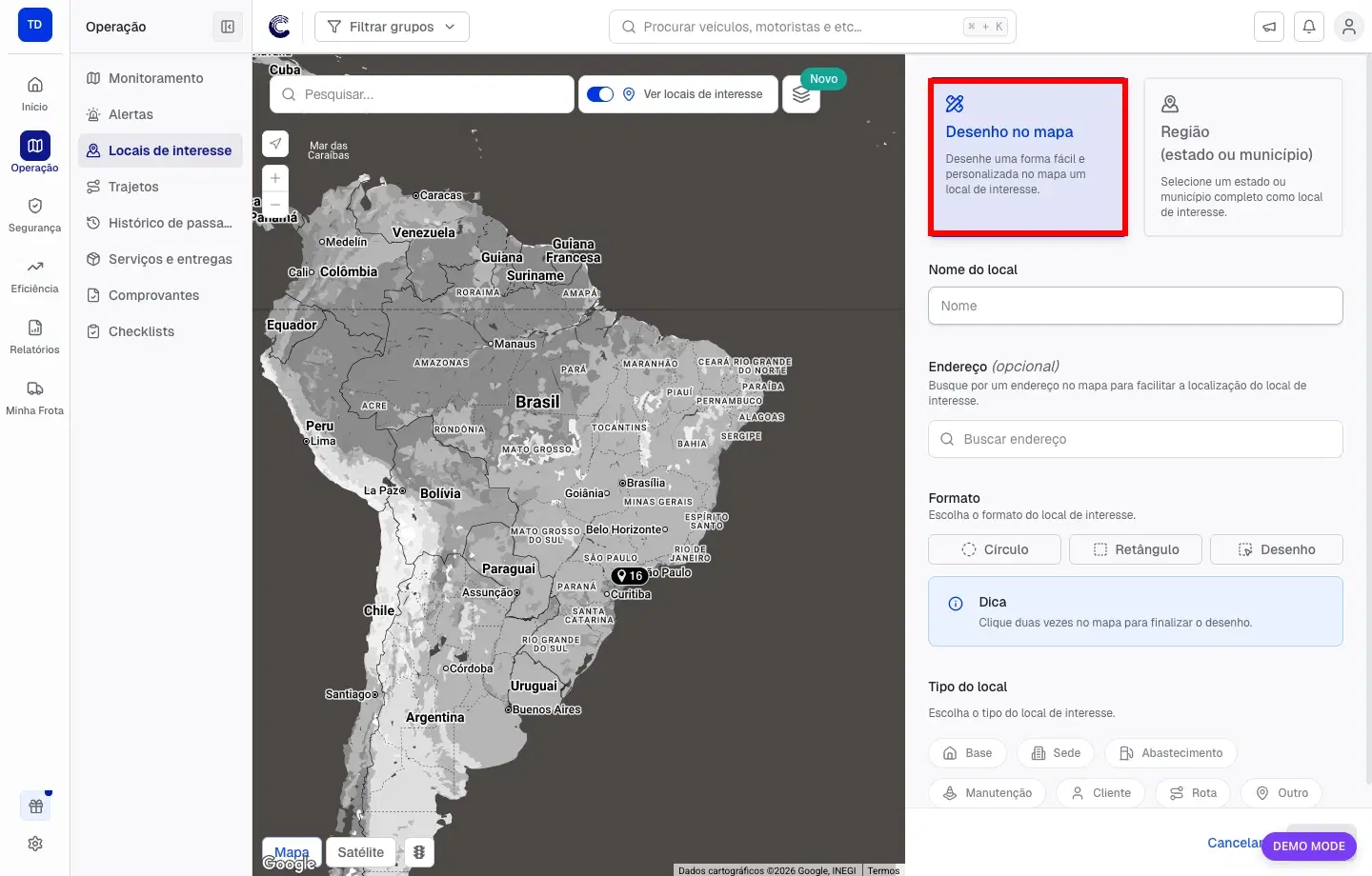 Área de criação de Local de Interesse com o modo de desenho destacado