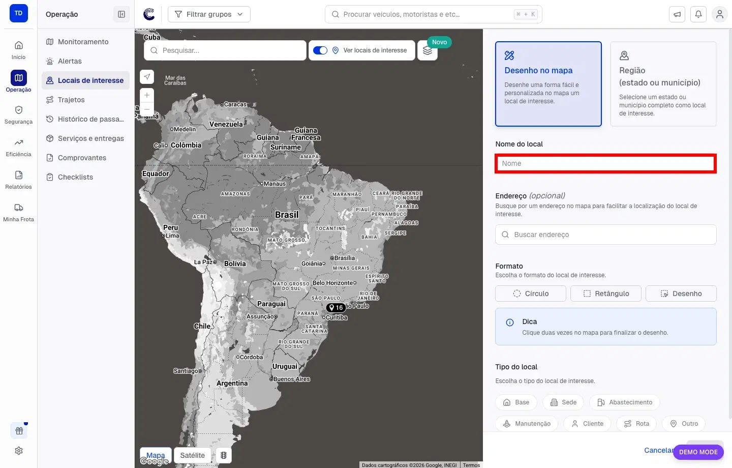 Campo de nome do Local de Interesse destacado no painel de criação