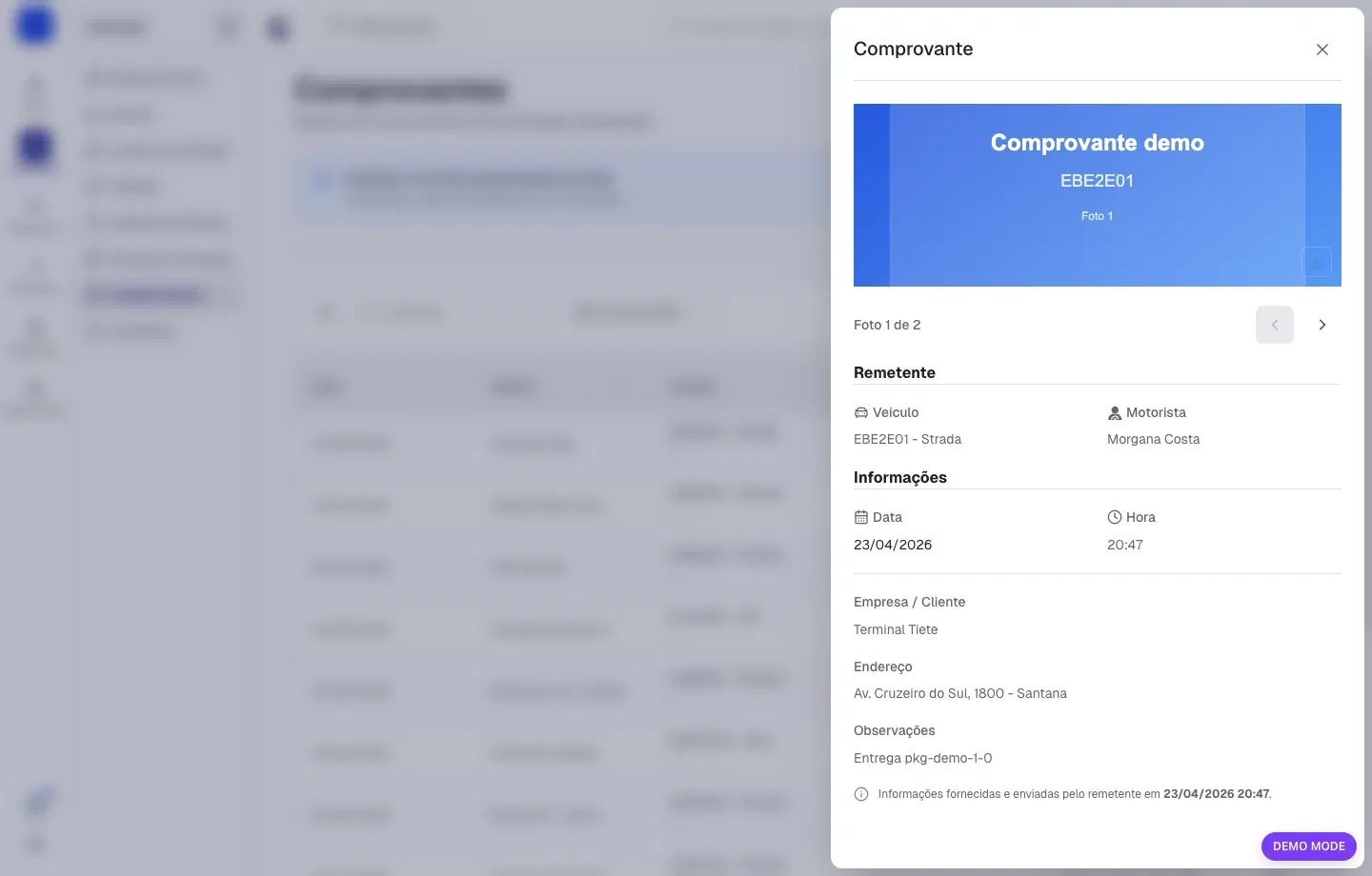 Detalhe de comprovante aberto em painel lateral com imagens enviadas pelo motorista