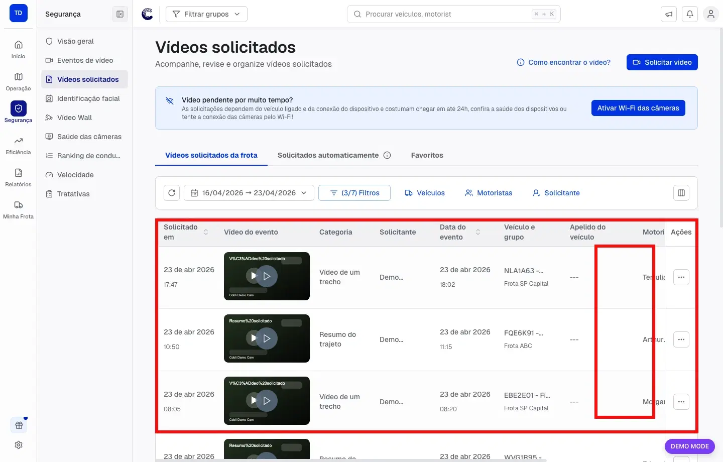 Fila de Vídeos solicitados com os pedidos já disponíveis para acompanhamento