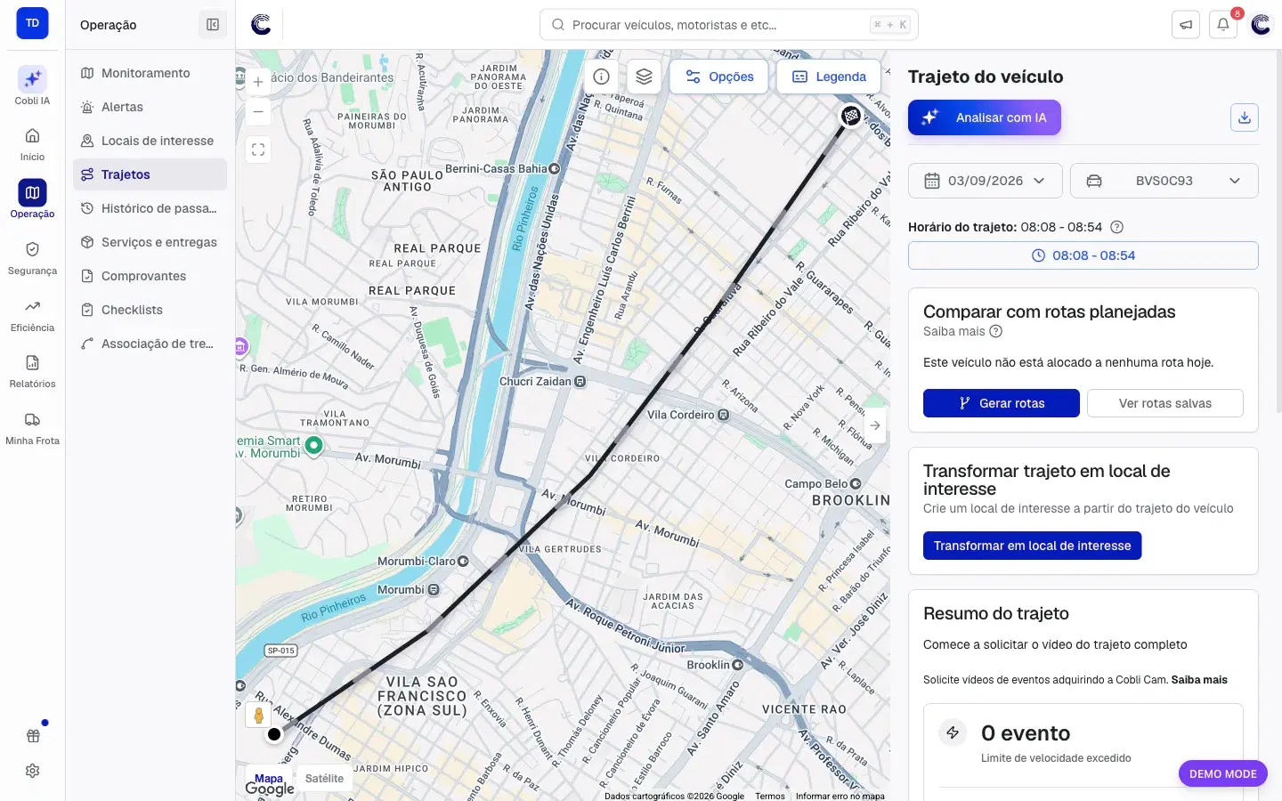 Mapa da versão clássica mostrando o percurso do veículo BVS0C93 entre 08:08 e 08:54