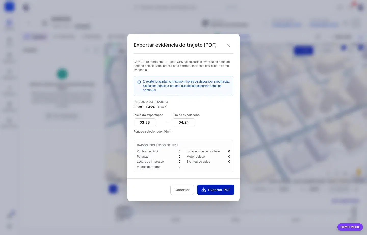 Janela Exportar evidência do trajeto em PDF, com período e dados incluídos