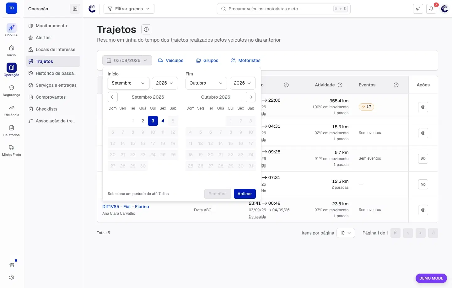 Calendário aberto para selecionar a data do histórico de trajetos