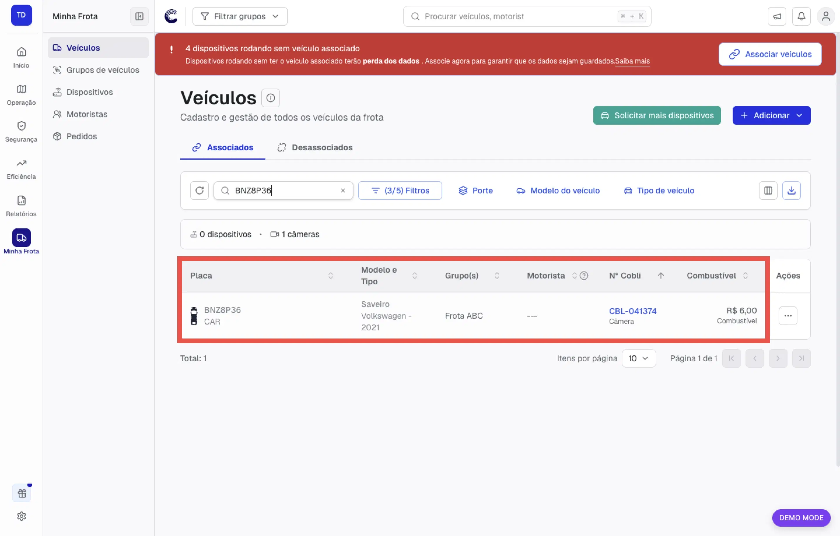 Resultado filtrado na lista de veículos após salvar a edição