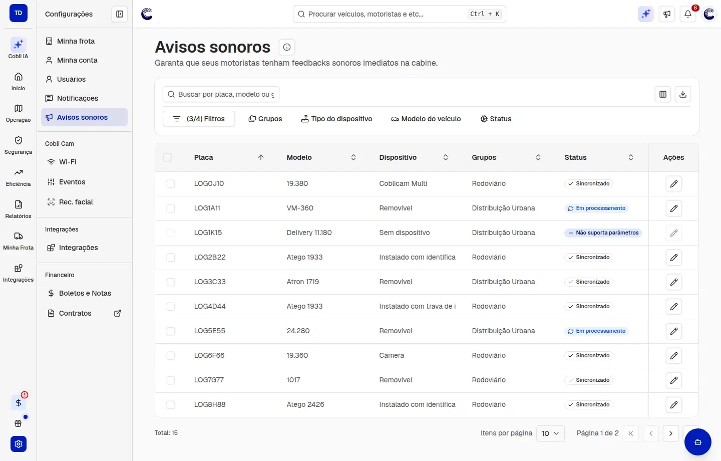 Tela Avisos sonoros com a busca, o filtro de Status e a tabela de veículos com as colunas Placa, Modelo, Dispositivo, Grupos, Status e Ações, com veículos Sincronizado, Em processamento e Não suporta parâmetros