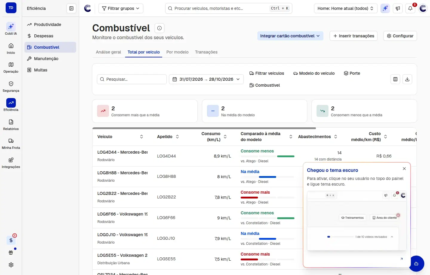 Tabela Total por veículo em Combustível, com cards de grupos de consumo e colunas de consumo, comparação com o modelo, custo, quilômetros rodados e litros