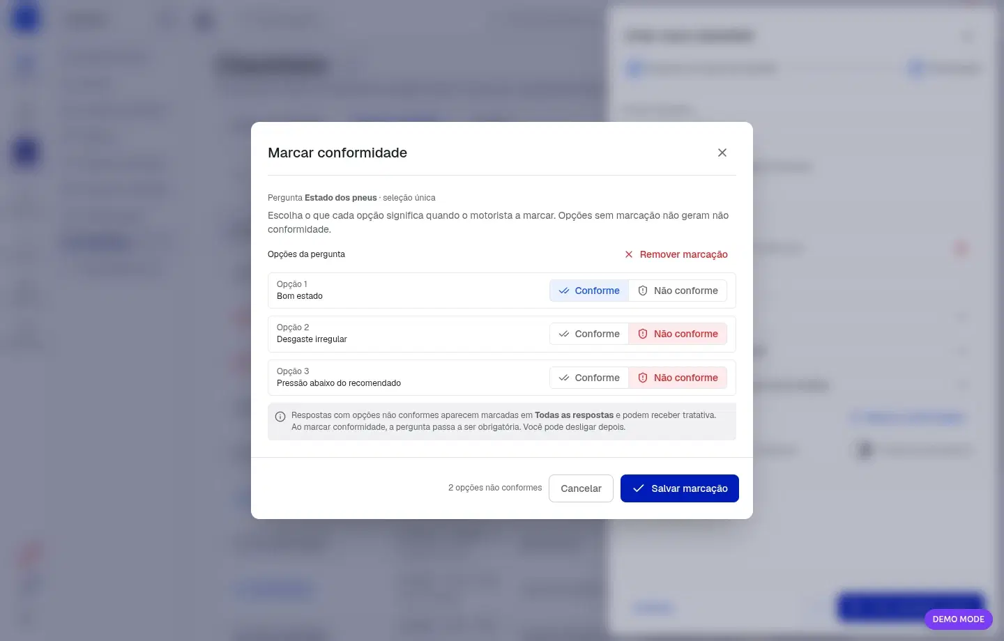 Painel Marcar conformidade com cada opção da pergunta marcada como Conforme ou Não conforme