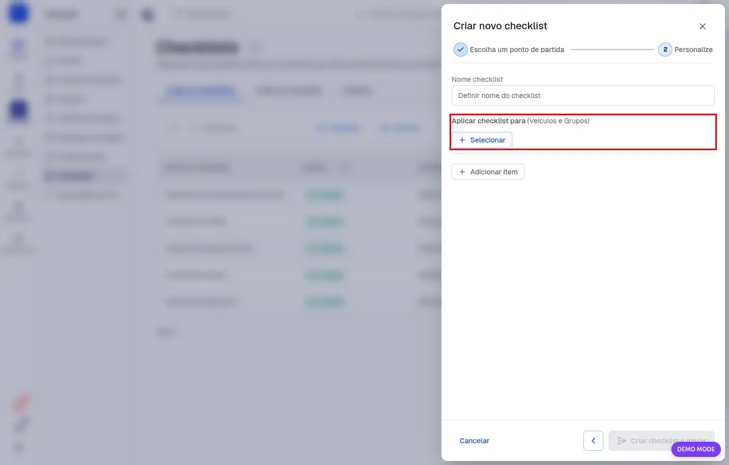Escopo de envio do checklist destacado no modal de criação